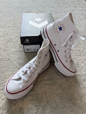 Converse White High Top Sneakers with Red & Navy Trim Kids Size 2